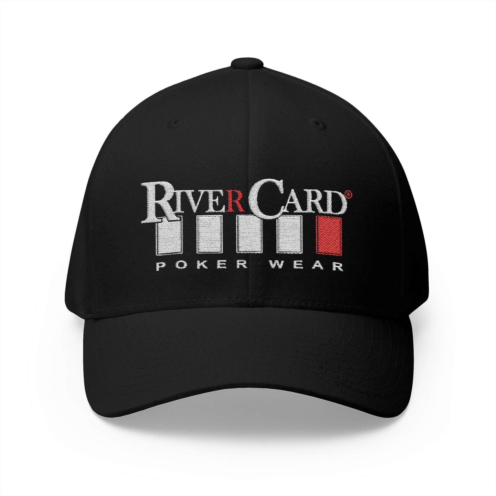 A black structured cap with a curved visor featuring the RiverCard Poker Wear logo in white and red embroidery on the front.